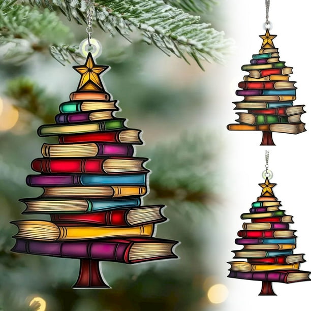 Colgantes Navideños Acrílicos con Forma de Libros Apilados | Set de Llaveros Decorativos Navideños - Material Acrílico Resistente - Estilo Festivo - Fáciles de Colgar - Uso Versátil - 1 Colgante