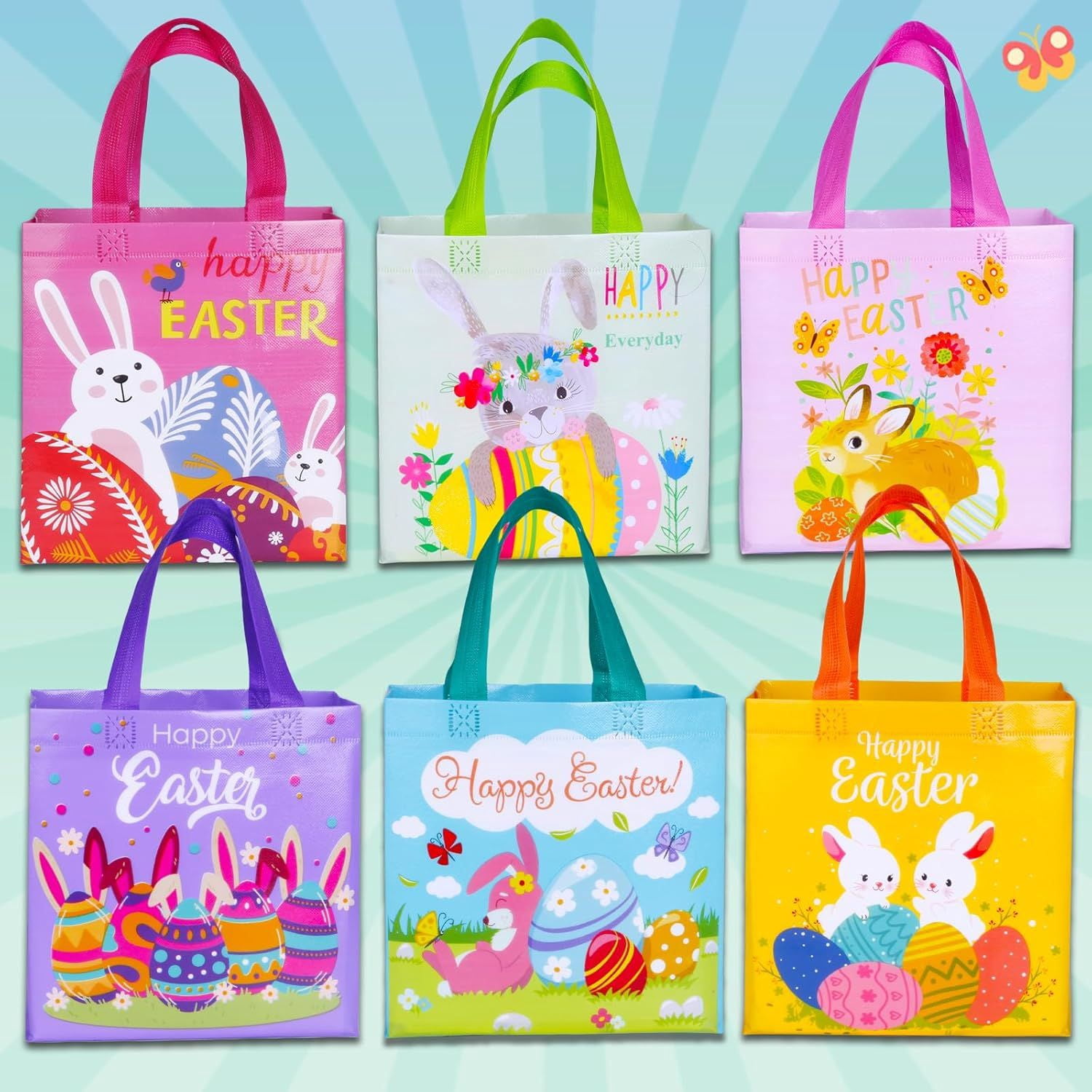 Happy Easter Gift Bags with Handles, Bunny Carrot Chick Designs, Reusable Non-Woven Treat Bags for Party Favors, Gift Wrapping, Easter Basket Container, 9.1x8.7x4.5 inch, 6-Pack