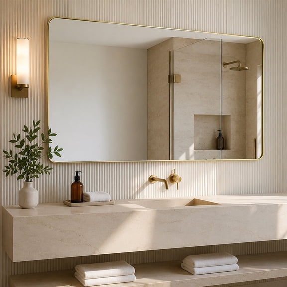 48 x 30 Inch Gold Framed Bathroom Mirror, Rounded Rectangle Wall‑Mounted Vanity Mirror, Aluminum Alloy Thin Frame Decorative Mirror, Horizontal/Vertical Hanging for Bedroom Living Room