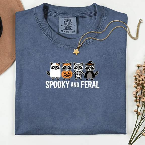 Comfort Colors® Spooky and Feral Raccoon Shirt, Funny Halloween Raccoon Shirt, Cute Trendy Womens Halloween T-Shirt, Vintage Fall Tshirt