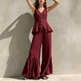 thumbnail image 6 of Womens Casual Two Piece Outfit V Neck Sleeveless Button Peplum Top High Waist Ruffle Hem Wide Leg Pants Solid Color Elegant Set Wine S(S), 6 of 6