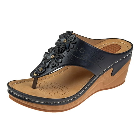 

GYUJNB Womens Sandals Summer Wedge: Platform Comfortable Beach Shoes Dressy Casual Slides Walking Flower Flip Flops for Women Black Size 7
