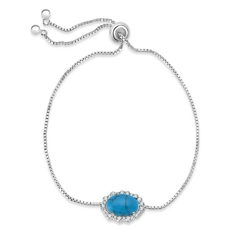 Manufactured Turquoise and White Cubic Zirconia Sterling Silver Rhodium Plated Oval Box Chain Bolo Bracelet 10