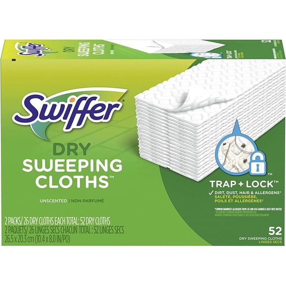 Swiffer Sweeper Dry Mop Refills for Floor Mopping and Cleaning, All Purpose Floor Cleaning Product, Unscented, 52 Count (Packaging May Vary)