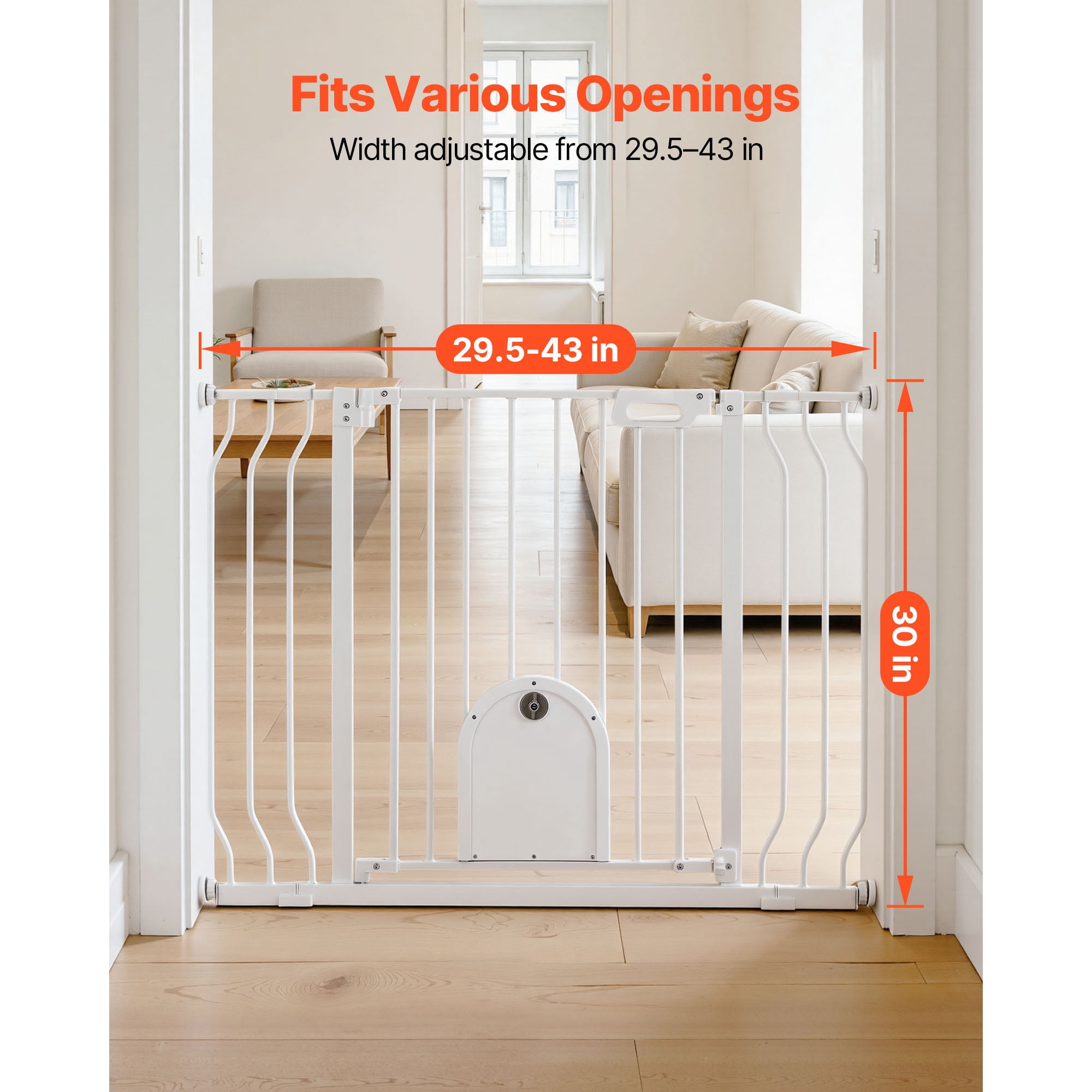 KFFKFF Adjustable Baby Gate for Stairs, 29.5-43 in Width, Baby Gate with Cat Door, Includes Pressure and Wall Mount Kits, Secure Metal Gate for Stairs, Doorways, and Home Use, White