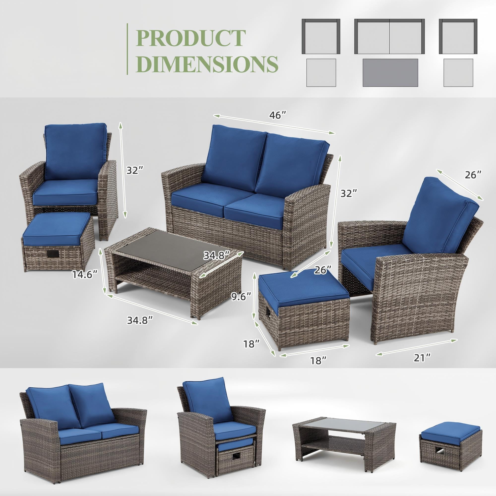 Vicluke 6-Piece Rattan Outdoor Conversation Set with Sectional Sofa, Ottoman and Storage Table, Marine