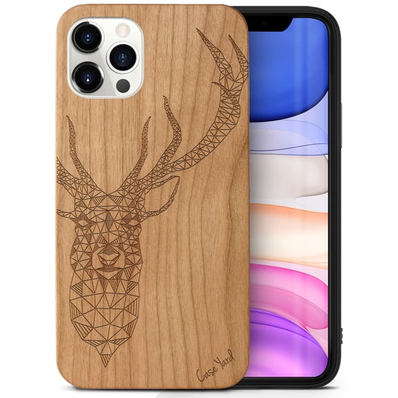 Case Yard Wooden Case Outside Soft TPU Silicone, Slim Fit Shockproof Wood Protective Phone Cover for Girls Boys Men and Women, Supports Wireless Charging Deer Design case for iPhone-12/12-Pro