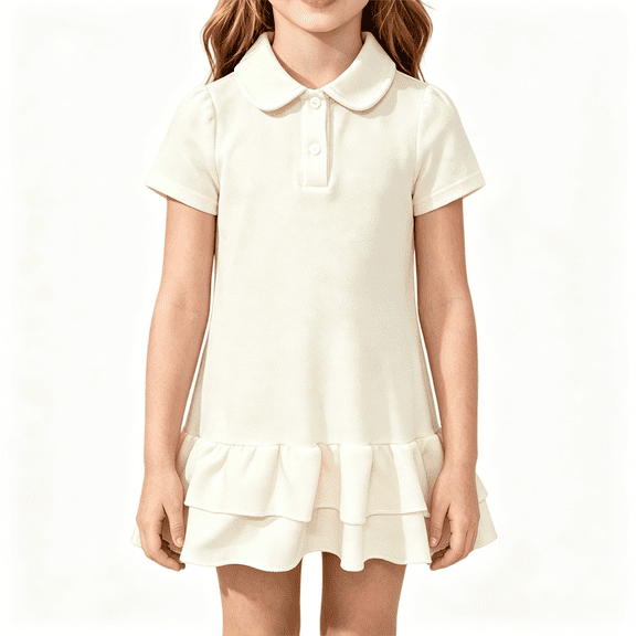 Girls A Line Ruffle Hem Polo Uniform Dress Short Sleeve Solid Pique Cotton for Kids School Summer Daily Casual Outfit Beige 100