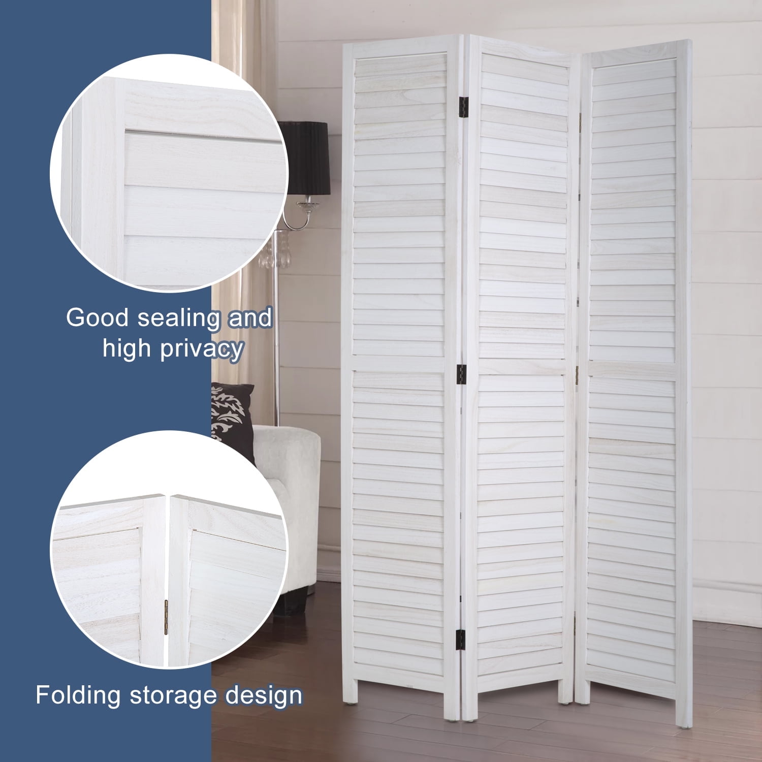 FDW 3-Panel Room Divider White Foldable Wooden Screen for Home Office Bedroom Restaurant 67.7" x 16.9"(Each Panel),White