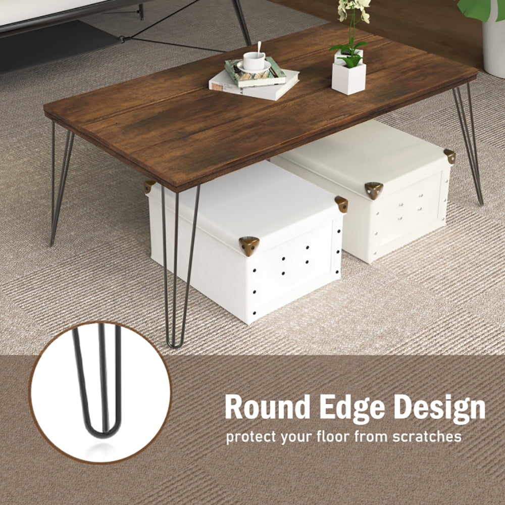 Finihen Wooden Coffee Table, Wood and Metal Rustic Cocktail Table, 43.5 Inch Wooden Rectangular Coffee Table with Metal Legs, for Living Room, Reception Room, Office, Brown