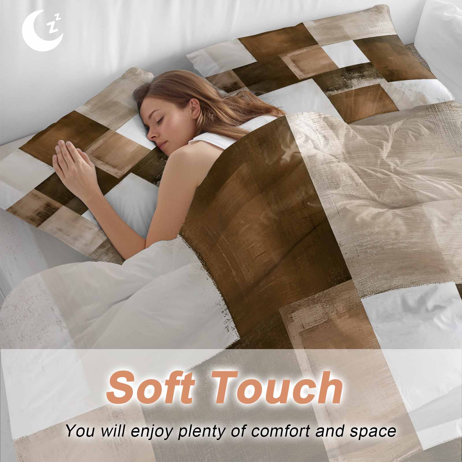 Brown Abstract Duvet Cover Set Full Size Modern Rustic Geometric Color Block Plaid Soft Lightweight Comforter Covers 4 Piece Bedding Set with 1 Duvet Cover 1 Bed Sheet & 2 Pillow Shams