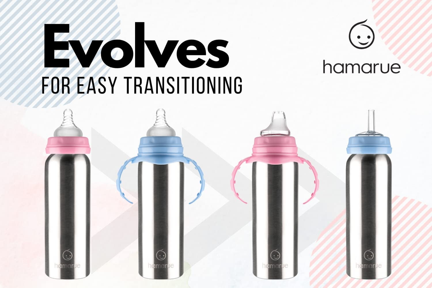 Hamarue 3-in-1 Stainless Steel Sippy Cups for Babies & Toddlers | Non-Toxic Insulated Baby Bottle | BPA-Free | Ages 3M+ | Evolving Feeding Solution