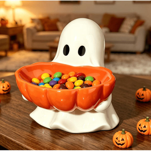 Halloween Candy Bowl, Ghost Shaped Ceramic Candy Dish Ghost Serving Tray Cute Halloween Tabletop Decoration Cookie Jar for Party Supply