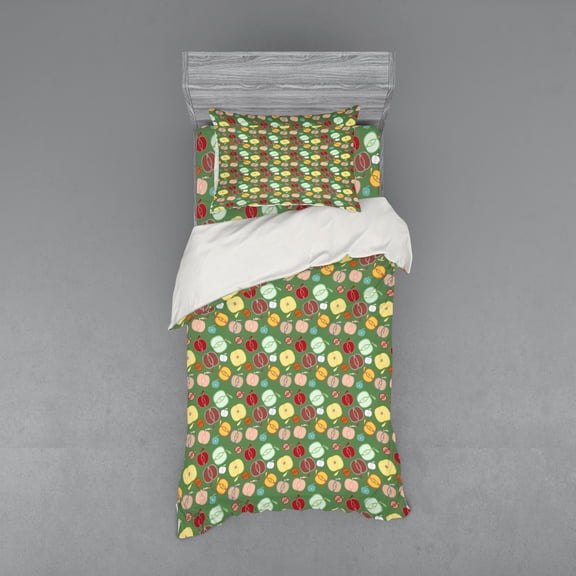 Autumn Duvet Cover Set, Apple Lover Seasonal Fruits Colorful Doodle Artwork Print Illustration, Bedding Set with Shams and Fitted Sheet, 3 Sizes, by Ambesonne