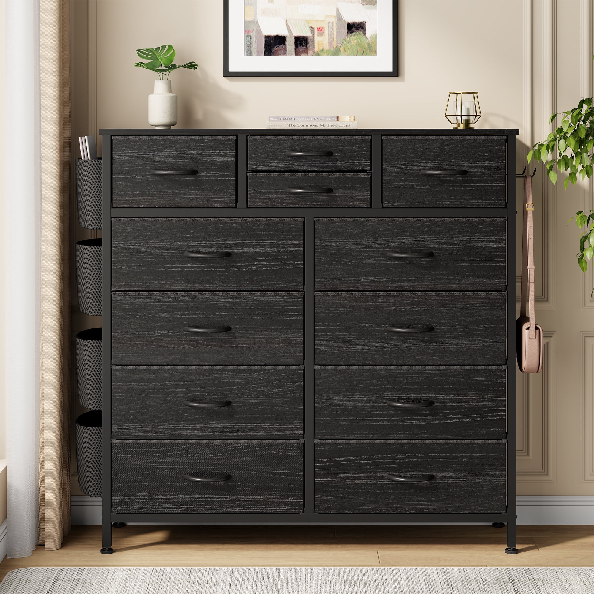 LainTene 12 Drawers Dresser for Bedroom, Fabric Closet Chests Organizer Tower Furniture with Wooden Top Metal Frame for Clothes, Room, Living Room, Hallway，Black