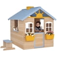 thumbnail image 2 of Outsunny Wooden Playhouse for Kids, Adventures Cottage, with Working Door, Windows, Bench, Service Station, Flowers Pot Holder, for 3-7 Years Old Blue, 2 of 9