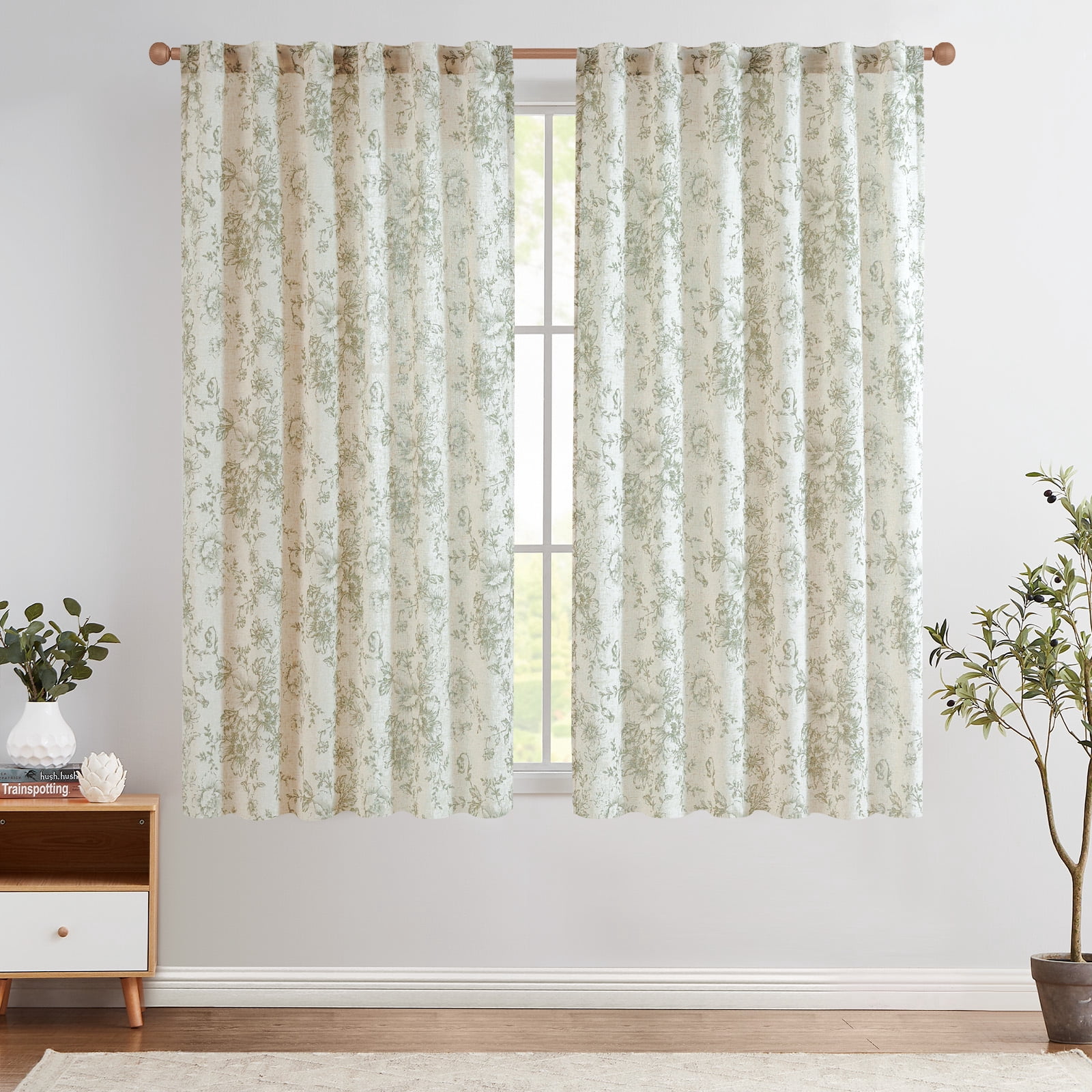 CURTAINKING Linen Curtains Floral Curtains for Living Room 63 Inch Length Green Printed Curtains Rod Pocket Back Tab Farmhouse Peony Flower Patterned Drapes Bedroom Window Curtain Set 2 Panels