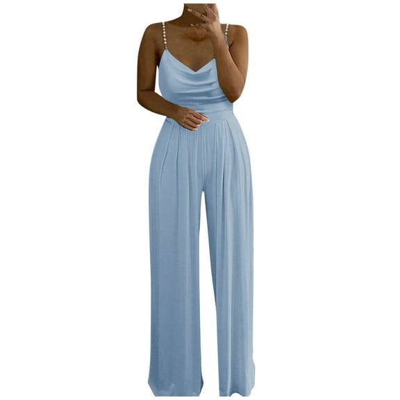 Womens Rompers for Summer Womens Casual Solid Color Two Pearl Strap Sweetheart V Neck High Waist Tube Jumpsuit Pants Summer Dressy Rompers Jumpsuit Romper Formal Pant Suits for Women Evening We Blue S