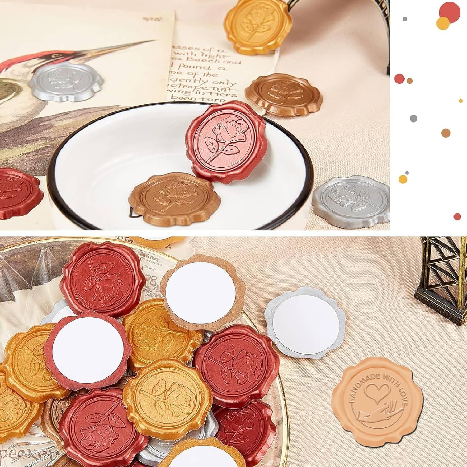100Pcs Heart Wax Seal Stickers Nude Pink 30mm Handmade with Love Vintage Self Adhesive Envelopes Wedding Sealing Stamp Sticker for Valentines Birthday Party Invitation Greeting Card DIY Craft Gold