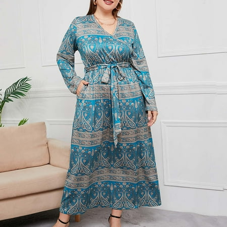 

Lhked Summer Dresses for Women Woman Printed V-Neck Long Sleeves Plus Size Nightgown Loose Tops Blouse Home Wear Dress Sun Dresses Women Summer Casual