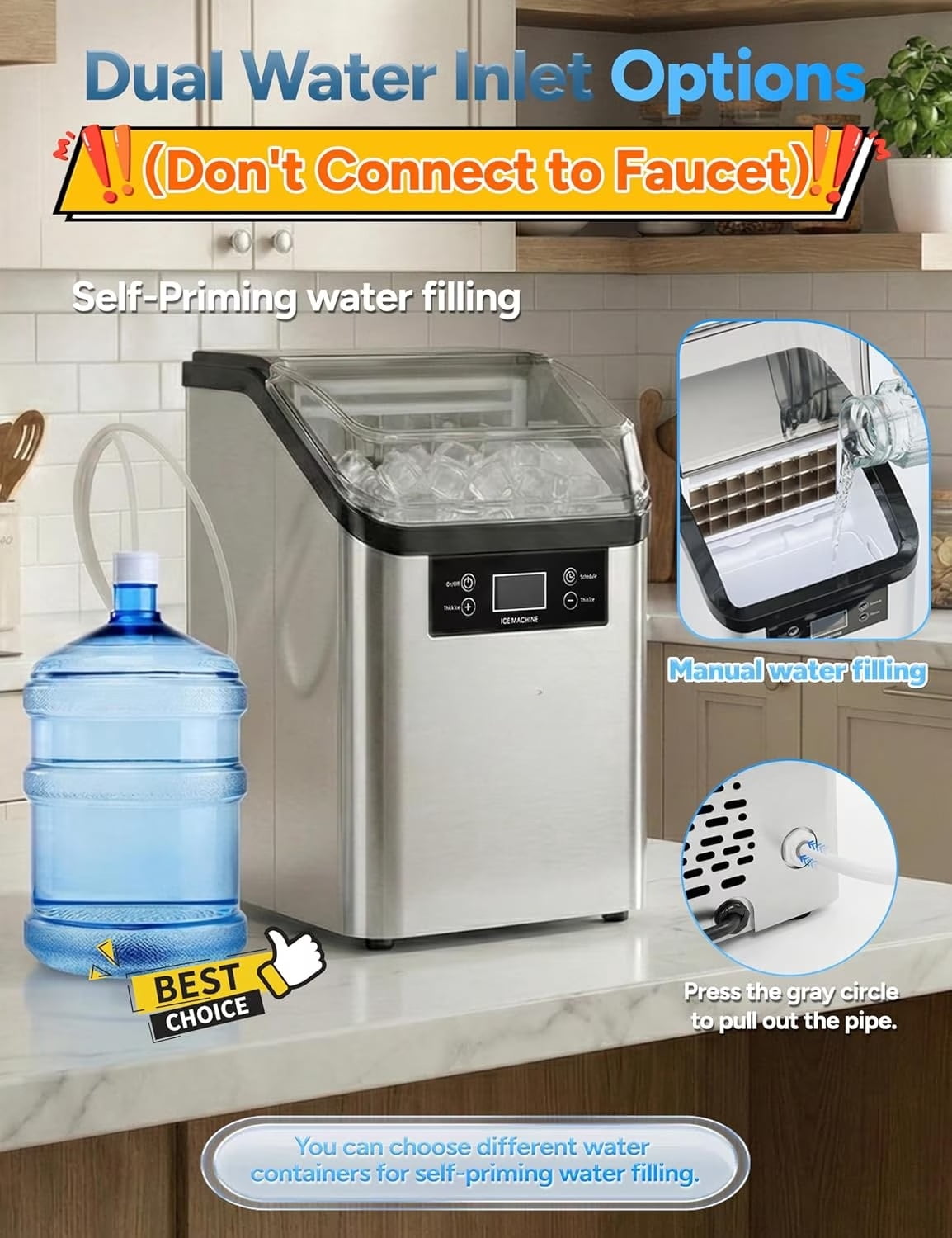 Countertop Ice Maker, 45Lbs/Day Clear Ice Cube Maker with Self-Priming Water Supply, 24 Cubes Ready in 13 Mins, 6 Ice Thickness Levels, Stainless Steel Ice Maker Machine for Home Kitchen Office Bar