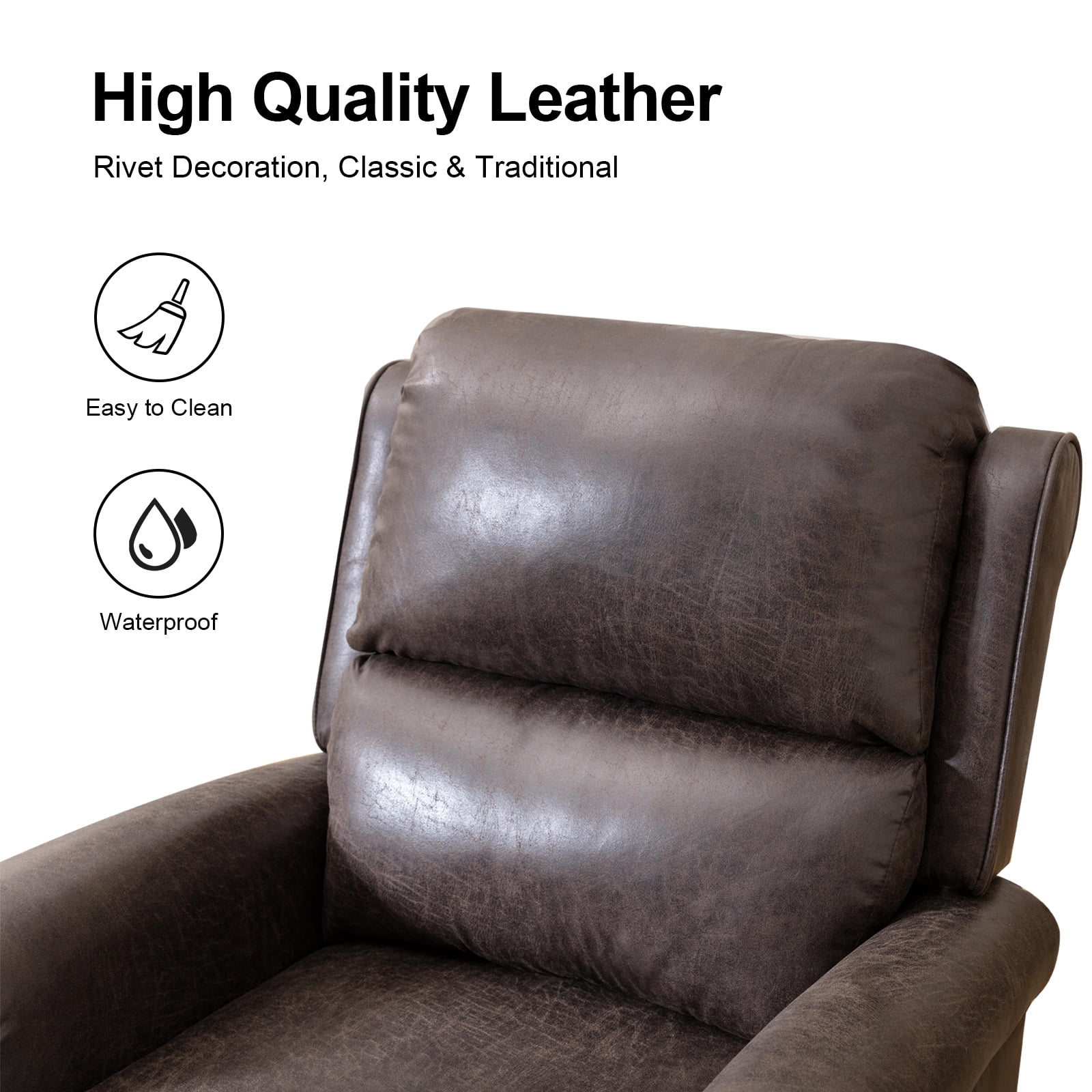 Ebello PU Leather Pushback Recliner Chair with Nailhead Trim - Vintage Style Push Back Lounge Chair for Bedroom & Living Room 350lbs Capacity, Dark Grey