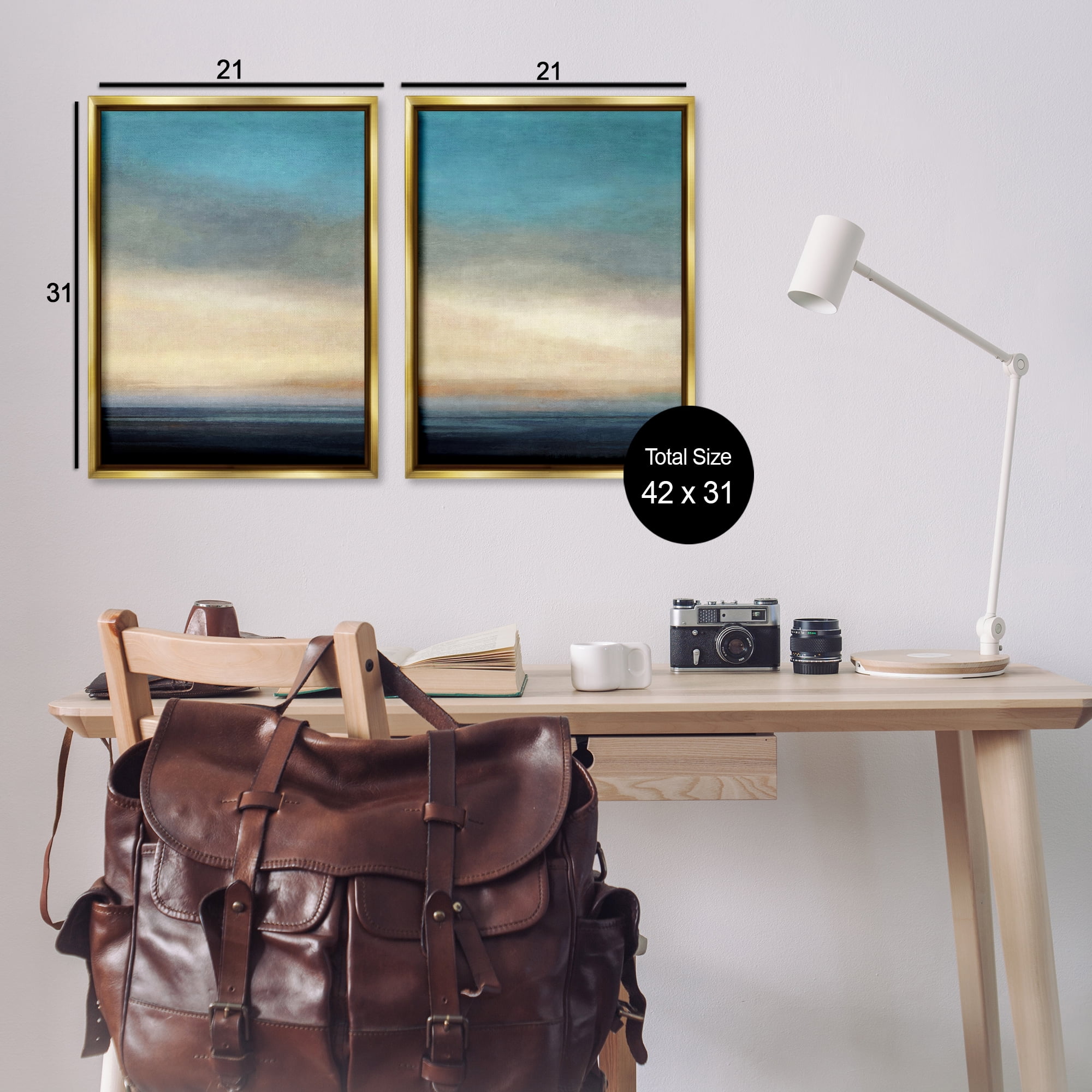 Stupell Industries Calm Tranquil Sea horizon Landscape & Nature Painting Gold Floater Framed Canvas Art Print Wall Art, 21 x 31, Set of 2
