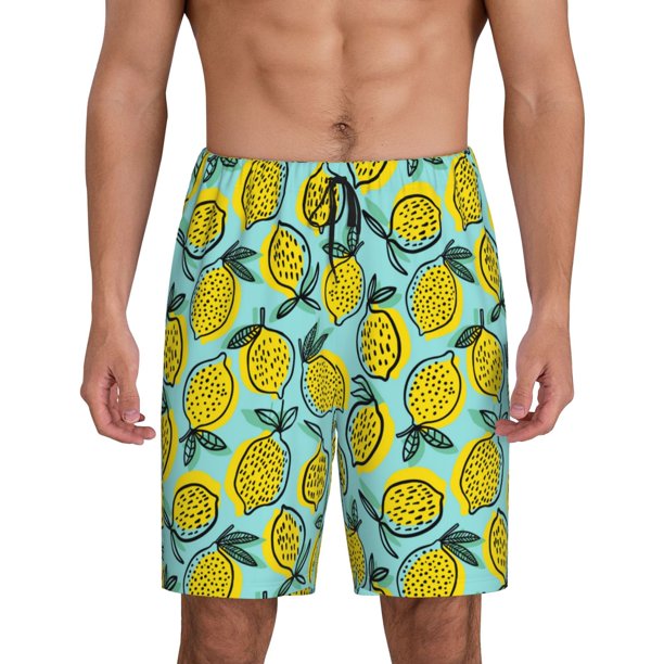 Balery Lemon1 Pantalones cortos de pijama de punto de algodón para hombre con cinturilla y bolsillos-X-Large