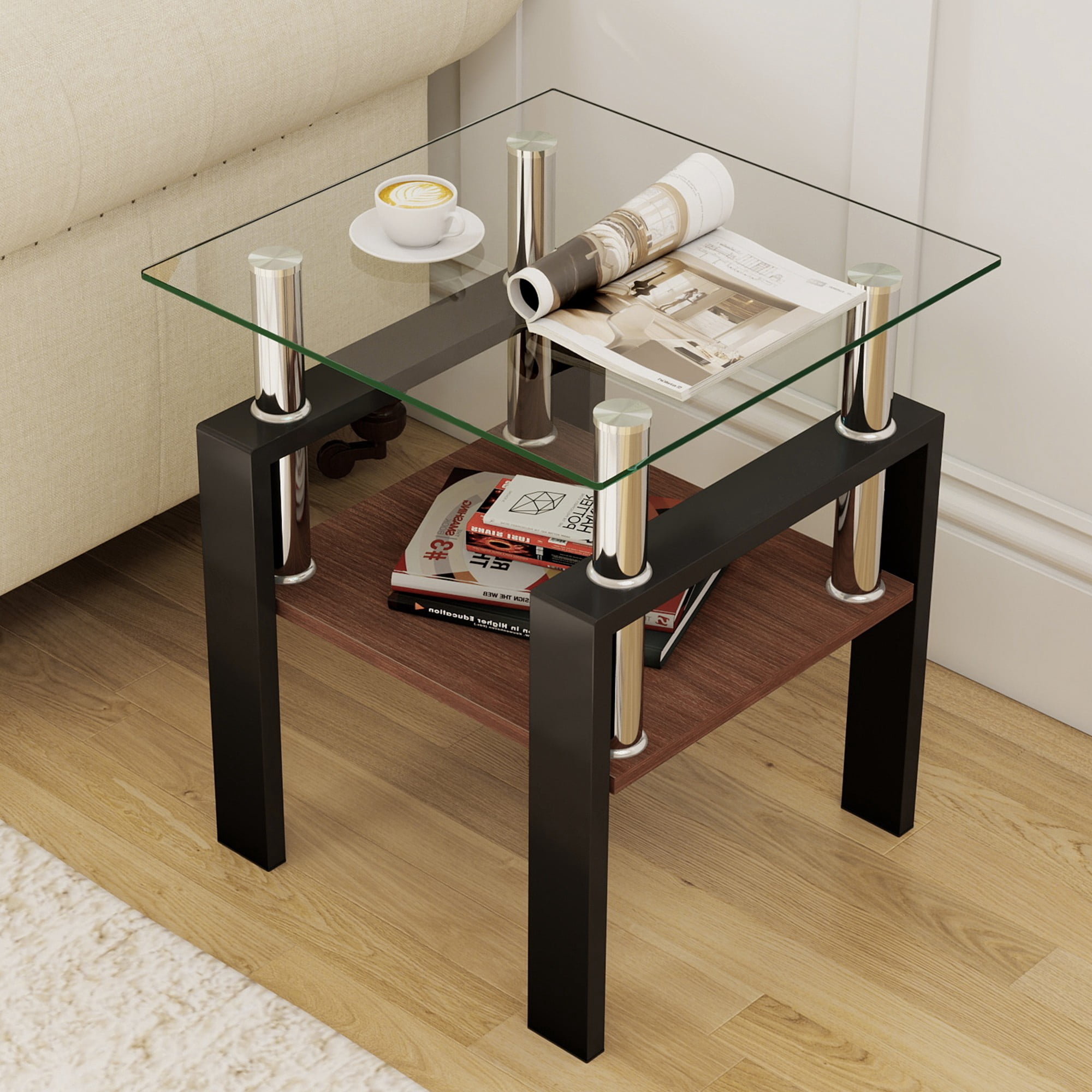 Euroco Set of 2 Modern Tempered Glass Tea Table,Tempered Glass Tabletop with MDF Layer,Coffee Table,End Table, Square Table for Living Room, Transparent/Black