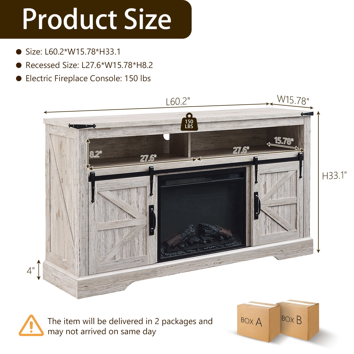 KeyWhat Farmhouse Fireplace TV Stand for TVs up to 70", 24" Electric Fireplace & Barn Door