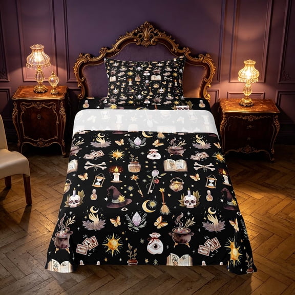 Homewish Halloween Witch Twin Sheets for Kids Girls, Magic Book Bedding, Black, 3-Piece, 1 Flat Sheet, 1 Fitted Sheet and 1 Pillowcase