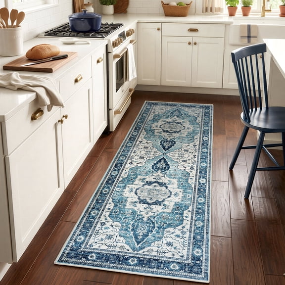 WANLISELL 2'x6' Hallway Runner Rug, Non Slip Washable Boho Kitchen Rugs, Distressed Soft Floor Carpet for Entryway, Bedroom, Laundry Room, Blue
