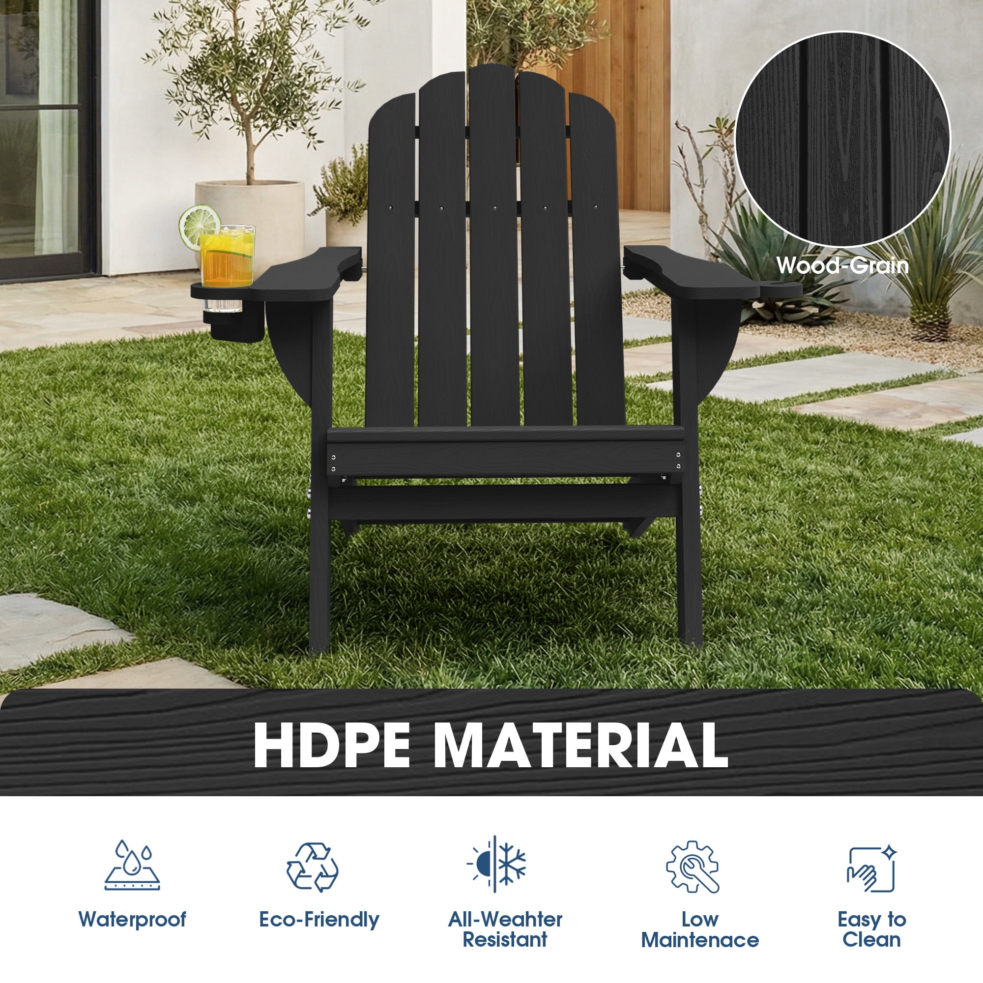 Adirondack Chairs Set of 4, Folding All-Weather HDPE Plastic Patio Chairs, Black