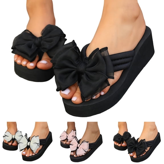 Wedge Platform Flip Flops for Women Dressy Comfortable Slides Thong Bow Sandals Lightweight Slippers Casual Summer Vacation Shoes Pink Size 7