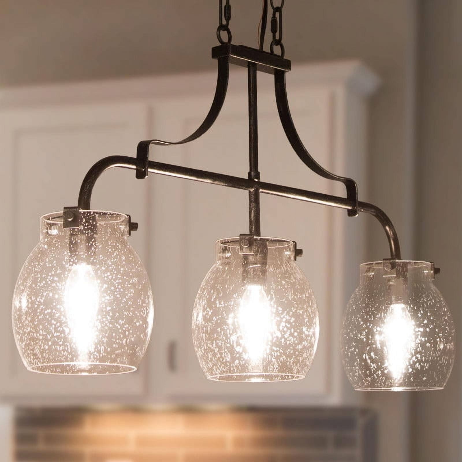 LNC 3-Light Black Kitchen Island Chandelier withseeded Glasss, Adjustable Hanging Fixture