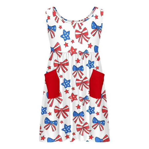 Odeerbi Niñas Día de La Independencia A-Línea Vestido de Tanque Con Bolsillos Verano Patriótico Estrella Raya Cuello Redondo Vestido de Sol Casual