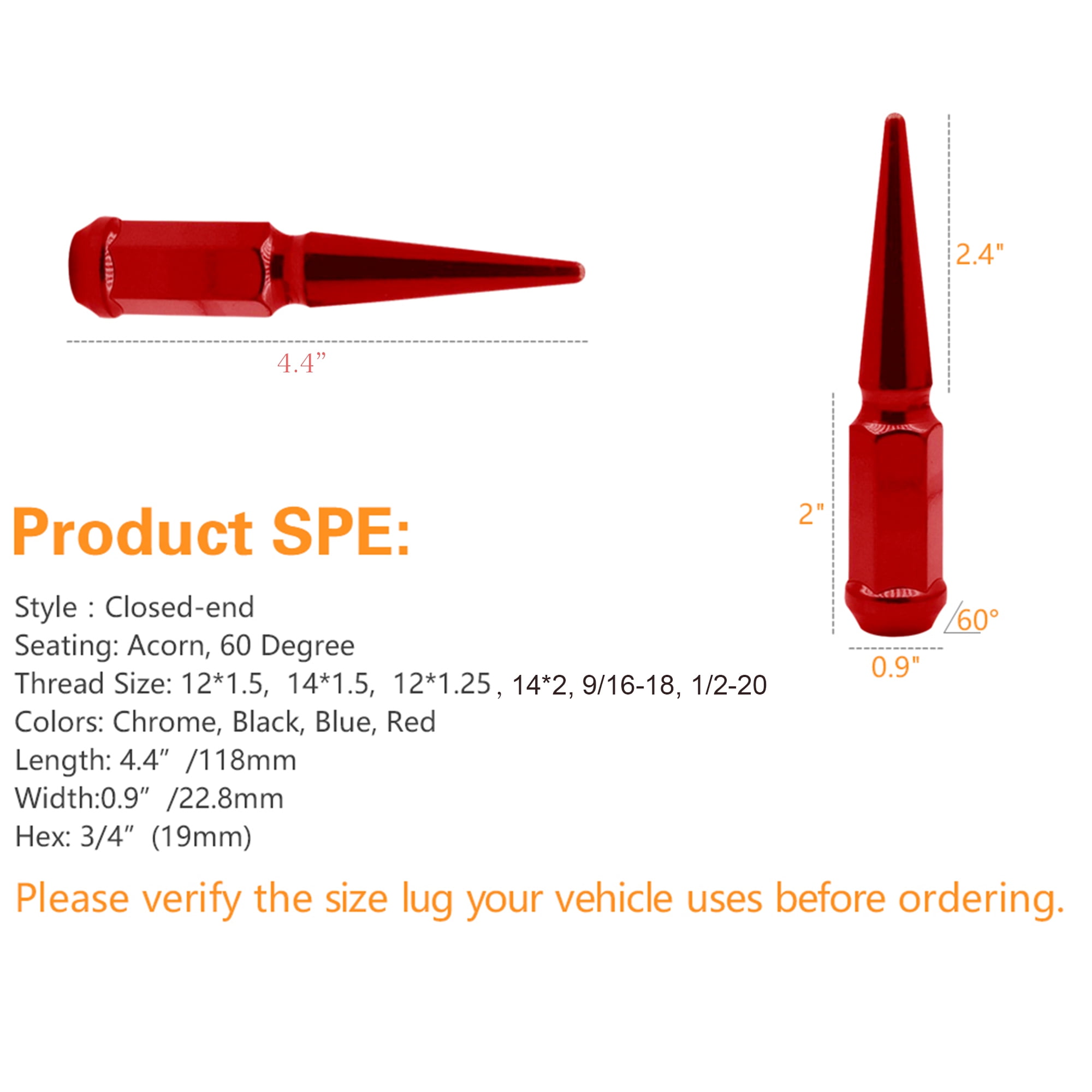 9/16-18 Wheel Spike Lug Nuts, 32x Red 9/16" x18 Lug Nut with 1 Socket Key, 4.4'' Tall Closed End Lug Nuts for 1994-2011 Dodge Ram 1500 2500 3500/1988-1998 Ford F250 F350