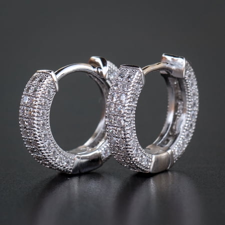 Small Iced CZ Bling Hoops with Cubic Zirconia 14K White Gold Plated 925 Sterling Silver Post Hip Hop 12mm Ice Out Huggie Hoop Earrings