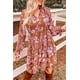 thumbnail image 1 of ABPHQTO Vestido mini babydoll con volantes y cuello en V con cordón y estampado floral marrón para mujer, 1 of 5
