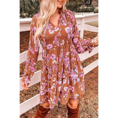 GCKG Women s Brown Floral Print Drawstring V Neck Ruffled Babydoll Mini Dress (US 16-18)XL
