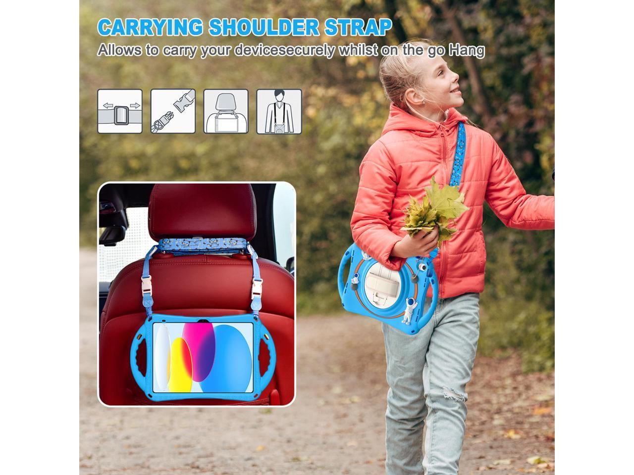 Cute Case for Apple iPad 10th Generation 10.9 inch 2022, Shockproof Silicone Astronaut Cover with Stand Shoulder Strap, Handle Grip, Pencil Holder Light Blue