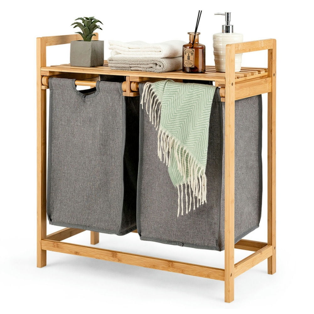 Finihen Laundry Hamper, Laundry Basket, Bamboo Laundry Hamper with Dual Compartments Laundry Sorter and Sliding Bags, for Bathroom, laundry Room, Natural Finihen Laundry Hamper, Laundry Basket, Bamboo Laundry Hamper with Dual Compartments Laundry Sorter and Sliding Bags, for Bathroom, laundry Room, Natural