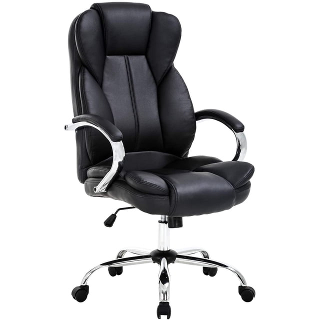 BestOffice Ergonomic Office Chair PU Leather Task Rolling Swivel Stool High, Lumbar Support Armrest for Women, Men, Black