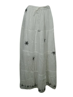 Mogul Angel White Cotton Long Skirt Black Floral Hand Embroidered Maxi Gypsy Hippie Chic Skirts