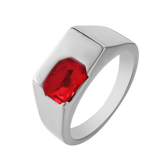 PAMTIER Men's Stainless Steel Simple Classic Rectangular Geometric Red Rhinestone Crystal Inlay Opening Adjustment Ring Silver Size 7