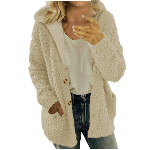Lovskoo Winter Coats for Women Hooded Fuzzy Fleece Sweater Coat Warm Wool Zipper Coat Long Sleeve Outwear A-Beige