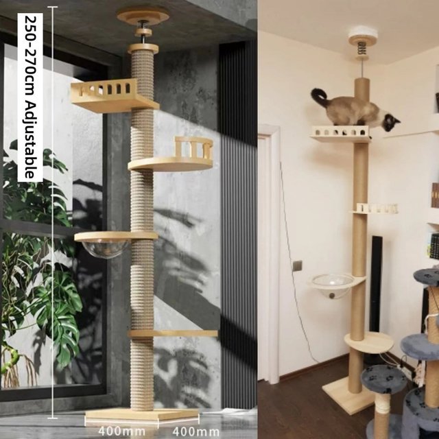 Cat Tree Floor to Ceiling Cat Tower Adjustable Kitten Multi-Level Condo With Scratching Post Pad Hammock Pet Cat Activity Center ShopWise Round