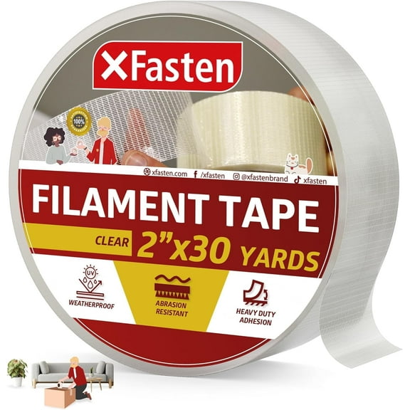 XFasten Clear Heavy-Duty Reinforced Filament Tape, 2" x 30 Yards