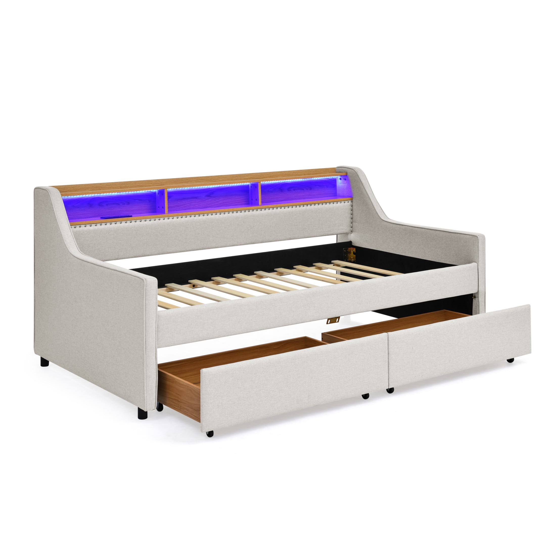 Noble House Zerra Twin Size Upholstery Sofa Bed, Linen  Padded Daybed Frame with LED Lights Headboard & Drawer, Beige