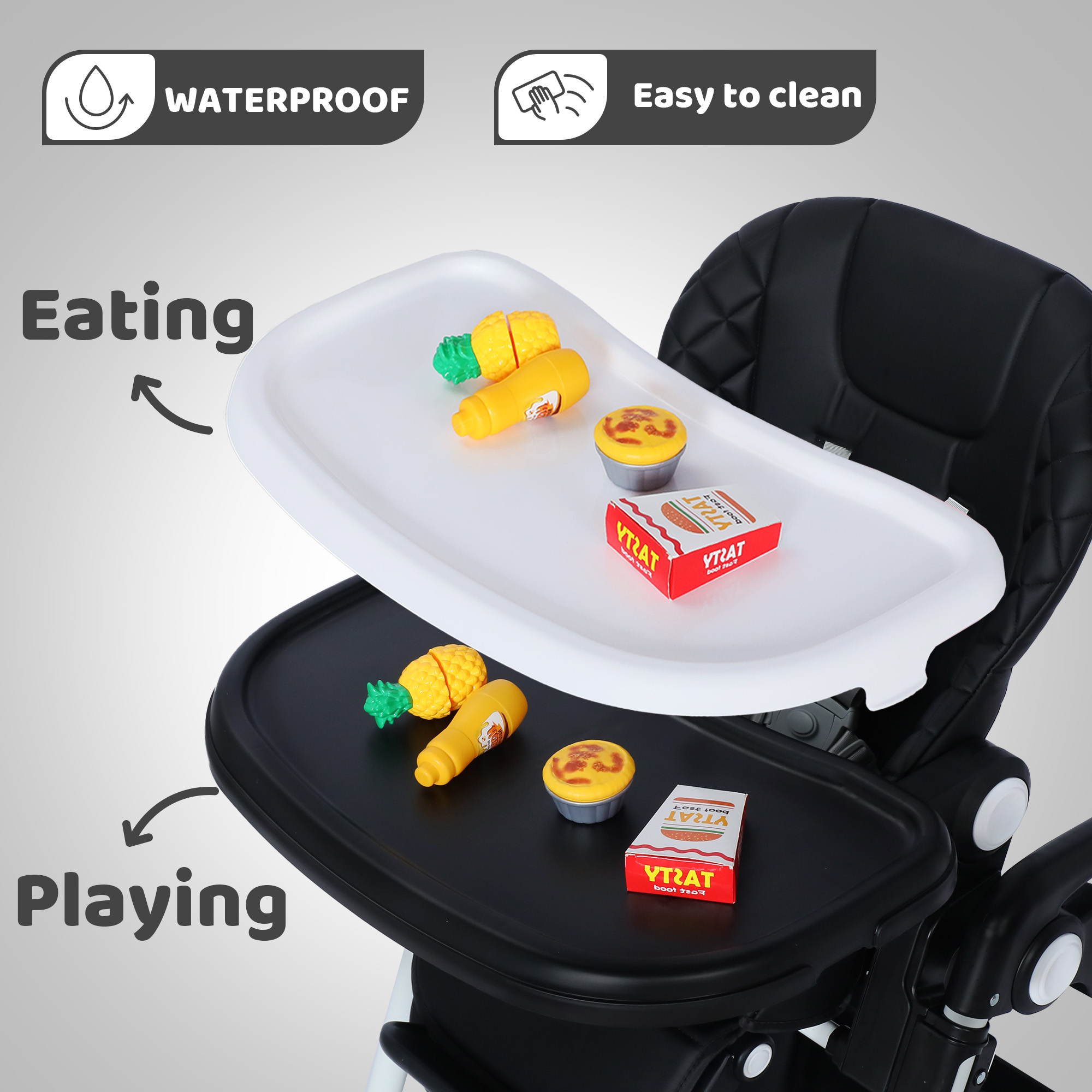 AILEEKISS Foldable Baby High Chair with Wheels, Adjustable Recline Toddler Eating Chair, Black